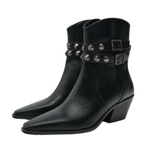Zara Leather Stud Stap Cowboy Ankle Boots